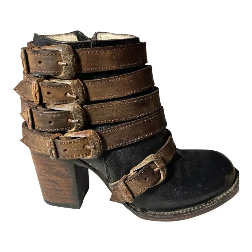 Freebird by Steven Women's Stair Strappy Ankle Boot Leather Brown Size 6